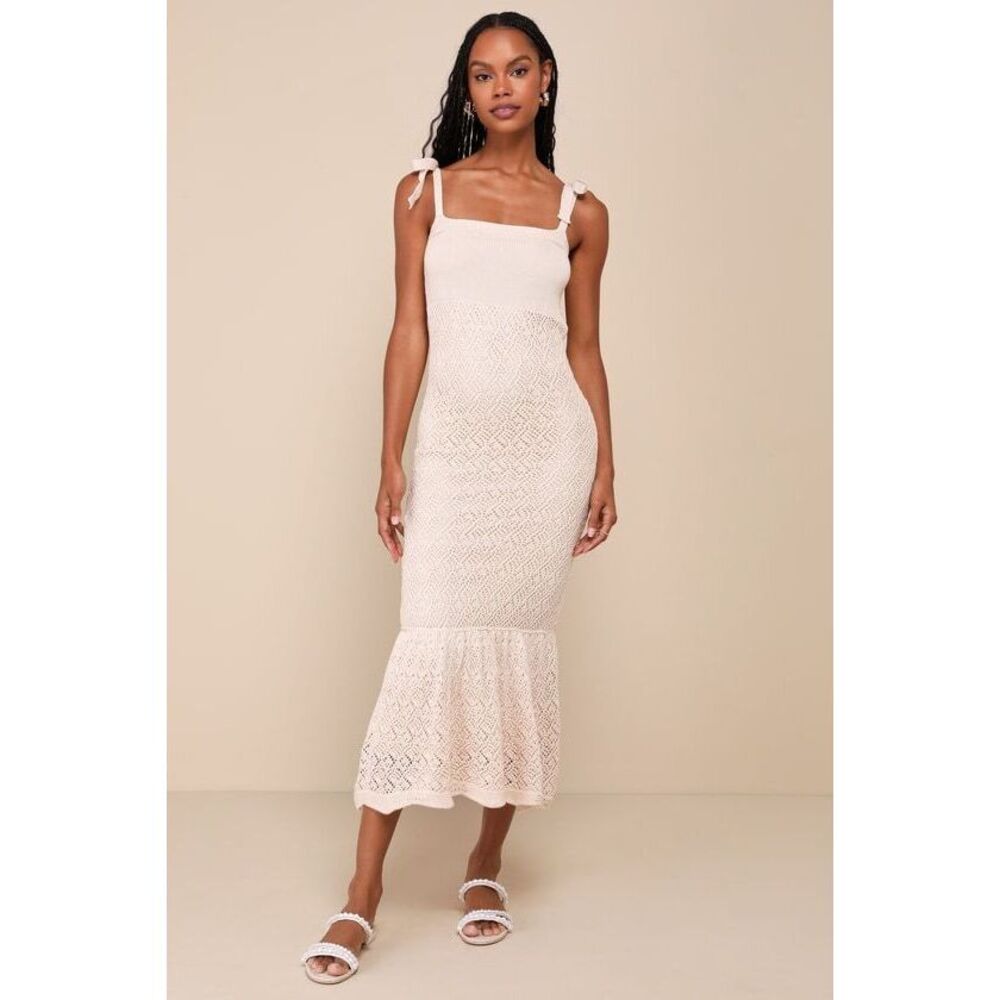 Lulus Sunny Choice Beige Tie-strap Sweater Knit Midi Dress - Size S